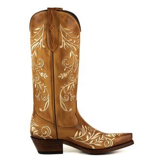 Mayura Boots 2669 Cognac/ Spitse Cowboy Western Line Dance Dames  Creme Geborduurd Laarzen Schuine Hak Echt Leer Borduren Zijaa