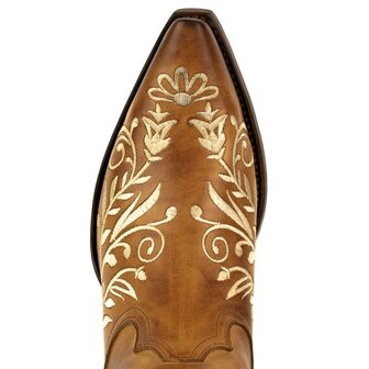 Mayura Boots 2669 Cognac/ Spitse Cowboy Western Line Dance Dames  Creme Geborduurd Laarzen Schuine Hak Echt Leer Borduren Boven