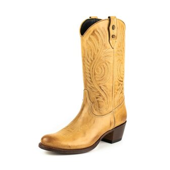 Mayura Boots 2526 Vanilla Sand Colour Ladies Boho Western Boots Ornamental Leaf Stitching Round Nose Sloping Heel Soft Smooth Leather 