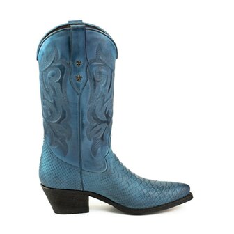 Mayura Boots Alabama 2524 Blauw Dames Westernlaars Pythonprint Spitse Neus 5 cm Hak Hoge Schacht Echt Leer Zij Aanzicht