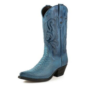 Mayura Boots Alabama 2524 Blauw Dames Westernlaars Pythonprint Spitse Neus 5 cm Hak Hoge Schacht Echt Leer Overzicht