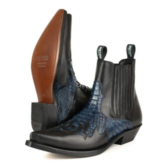 Mayura Boots Rock 2500 Zwart met Blauw/ Spitse Western Heren Enkellaars Python Schuine Hak Elastiek Sluiting Vintage Look Paar 