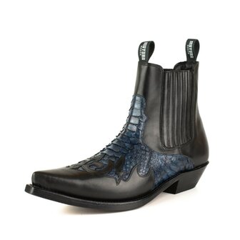 Mayura Boots Rock 2500 Zwart met Blauw/ Spitse Western Heren Enkellaars Python Schuine Hak Elastiek Sluiting Vintage Look Voora