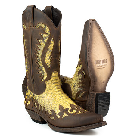 Mayura Boots 2567P Bruin/Camel Zand Python Spitse Cowboy Western Laarzen Schuine Hak Rechte Schacht Treklussen Goodyear Welted 