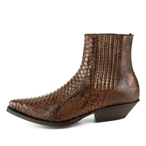 Mayura Boots 2575 Cognac Brown Python Pointed Western Men's Ankle Boot Wedge Heel Elastic Closure Side View