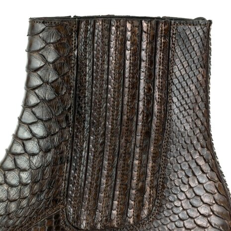 Mayura Boots 2575 Donker Bruin Python Spitse Western Heren Enkellaars Schuine Hak Detail Elastiek Sluiting 