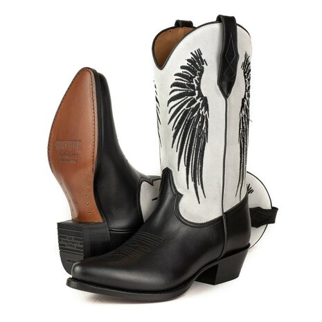 Mayura Boots WINGS 2666 Black White  Women's Western Boots Ornamental Stitching Pointed Nose Sloping Heel Smooth And Sue