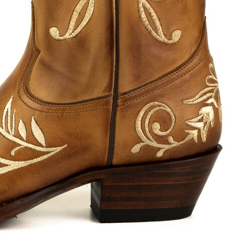 Mayura Boots 2669 Cognac/ Spitse Cowboy Western Line Dance Dames  Creme Geborduurd Laarzen Schuine Hak Echt Leer Borduren Detai