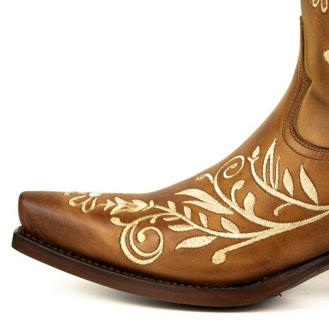 Mayura Boots 2669 Cognac/ Spitse Cowboy Western Line Dance Dames  Creme Geborduurd Laarzen Schuine Hak Echt Leer Borduren Detai