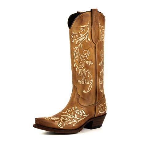 Mayura Boots 2669 Cognac/ Spitse Cowboy Western Line Dance Dames  Creme Geborduurd Laarzen Schuine Hak Echt Leer Borduren Overz