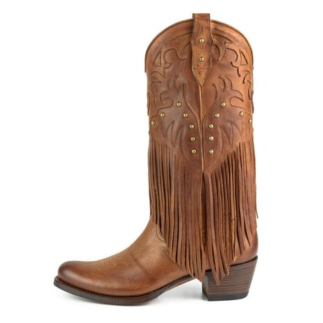 Mayura Boots 2475 Cognac Dames Boho Franjes Western Laarzen Sierstiksel Ronde Neus Schuine Hak Glanzend Leer  Zijaanzicht