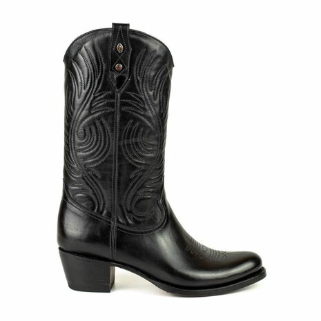 Mayura Boots 2526 Zwart Dames Boho Western Laarzen Blad Motief Sierstiksel Ronde Neus Schuine Hak Glad Leer Zijkant