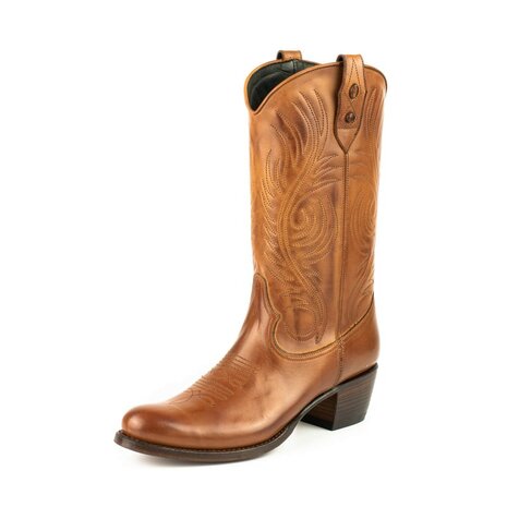 Mayura Boots 2526 Hazelnoot Bruin Dames Boho Western Laarzen Blad Motief Sierstiksel Ronde Neus Schuine Hak Glad Leer Overzicht