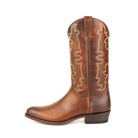 Mayura Boots 2627 Kastanje Bruin Cowboy Western Casual Line Dance Heren Laarzen Semi Cubaanse Hak Echt Leer Ronde neus Zijkant