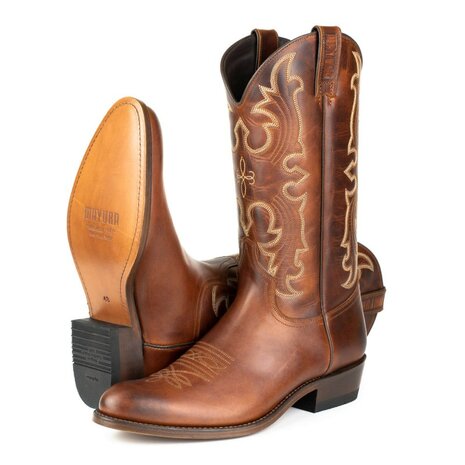 Mayura Boots 2627 Kastanje Bruin Cowboy Western Casual Line Dance Heren Laarzen Semi Cubaanse Hak Echt Leer Ronde neus Paar