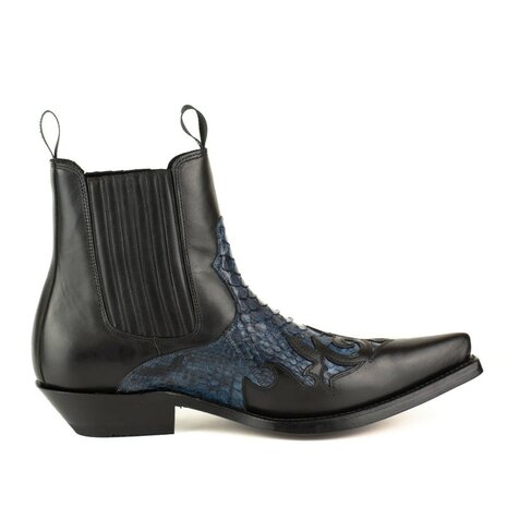 Mayura Boots Rock 2500 Zwart met Blauw/ Spitse Western Heren Enkellaars Python Schuine Hak Elastiek Sluiting Vintage Look