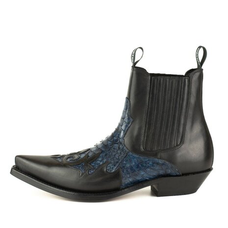 Mayura Boots Rock 2500 Zwart met Blauw/ Spitse Western Heren Enkellaars Python Schuine Hak Elastiek Sluiting Vintage Look Zijaa