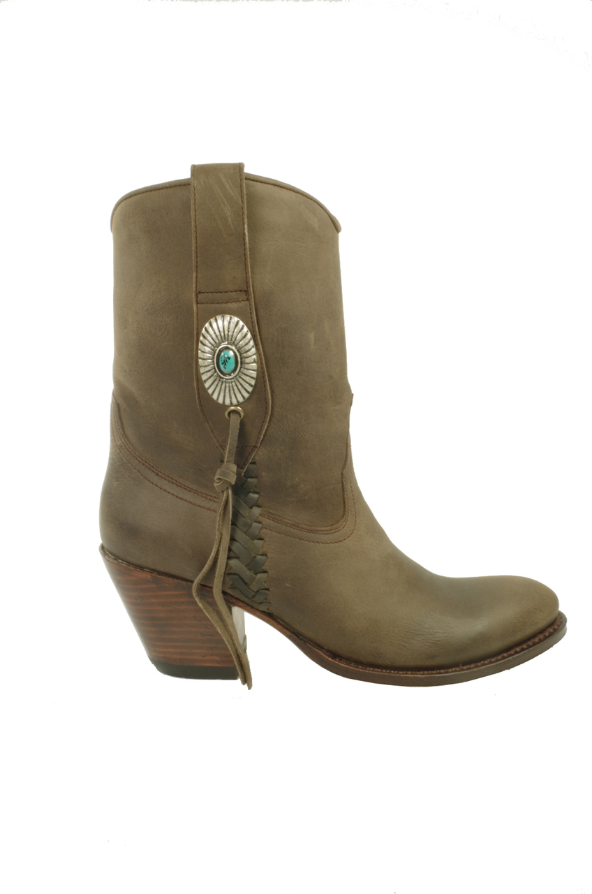 werknemer ik heb honger Hertog Sendra Boots 10748 Laly Dark Taupe Ladies Ankle Boots Slanted High Heel  Round Toe Concho Turquoise Braid - intoboots.com